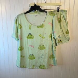 Feifeiyu Shorts Pajama Set Women’s 2Xlarge Green Frog Dragonfly Pocketed Stretch